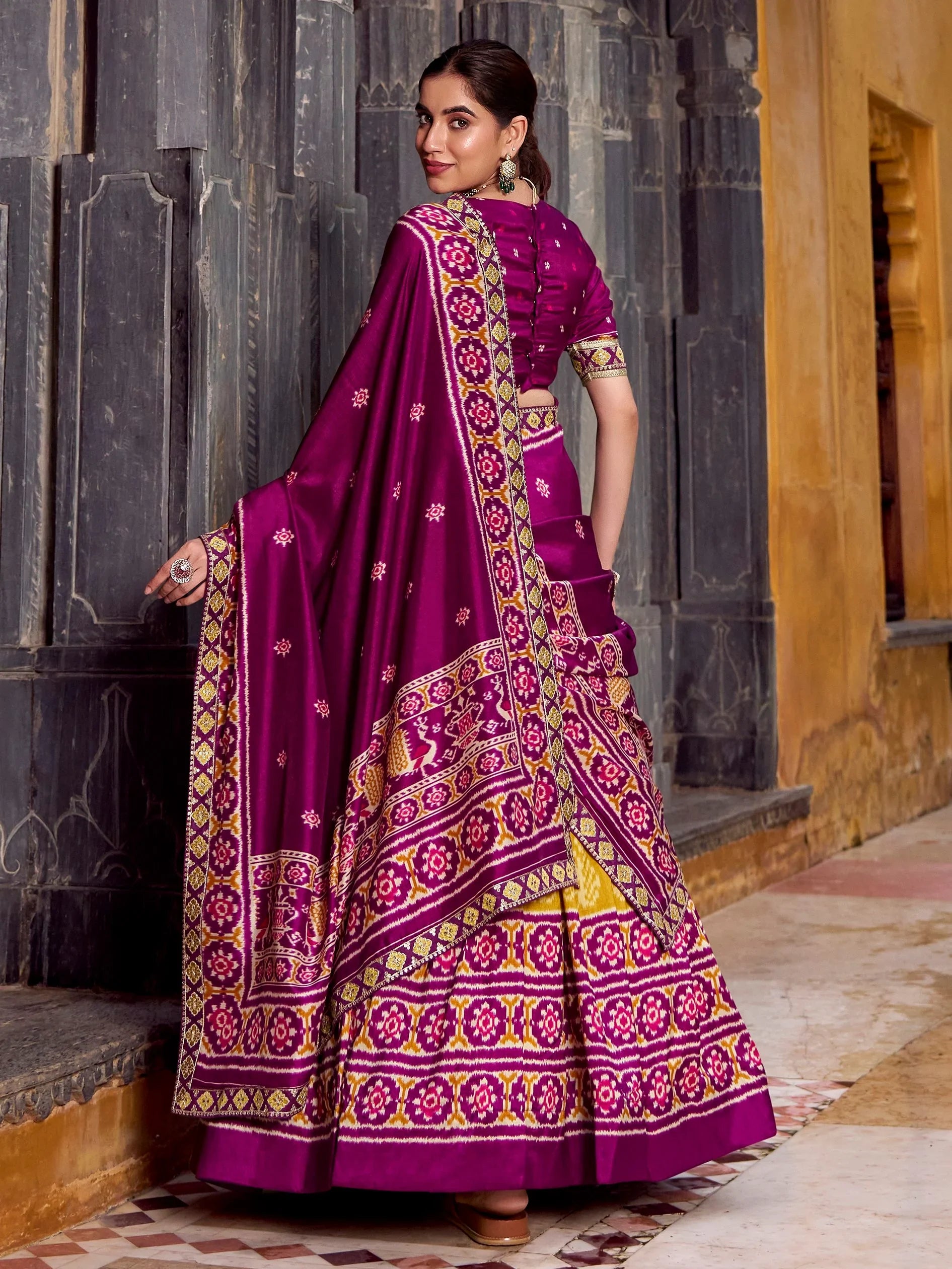 Pleasant Mustard Yellow Ikkat Print Tussar Silk Half Saree Lehenga With Dupatta - Zeel Clothing