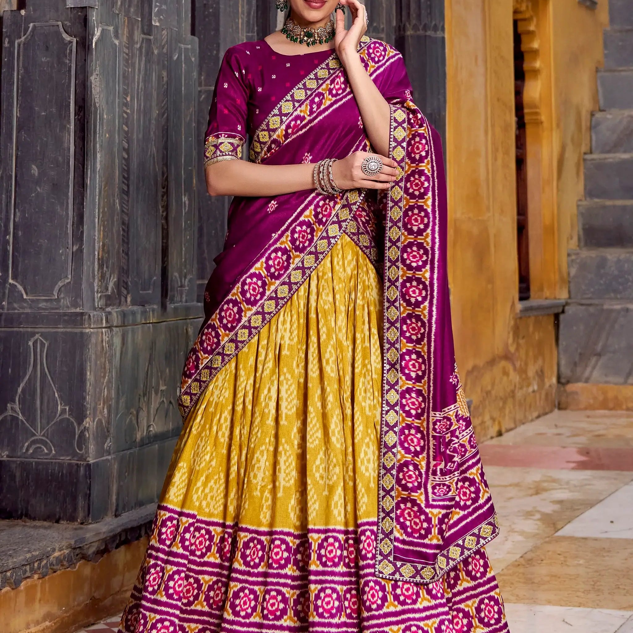 Pleasant Mustard Yellow Ikkat Print Tussar Silk Half Saree Lehenga With Dupatta - Zeel Clothing