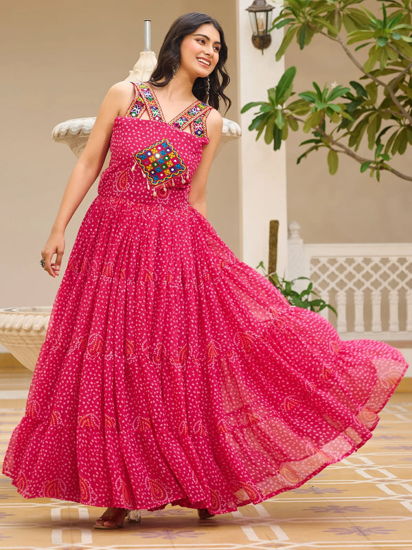 Pleasant Pink Bandhani Print Georgette Navratri Special Gown - Zeel Clothing