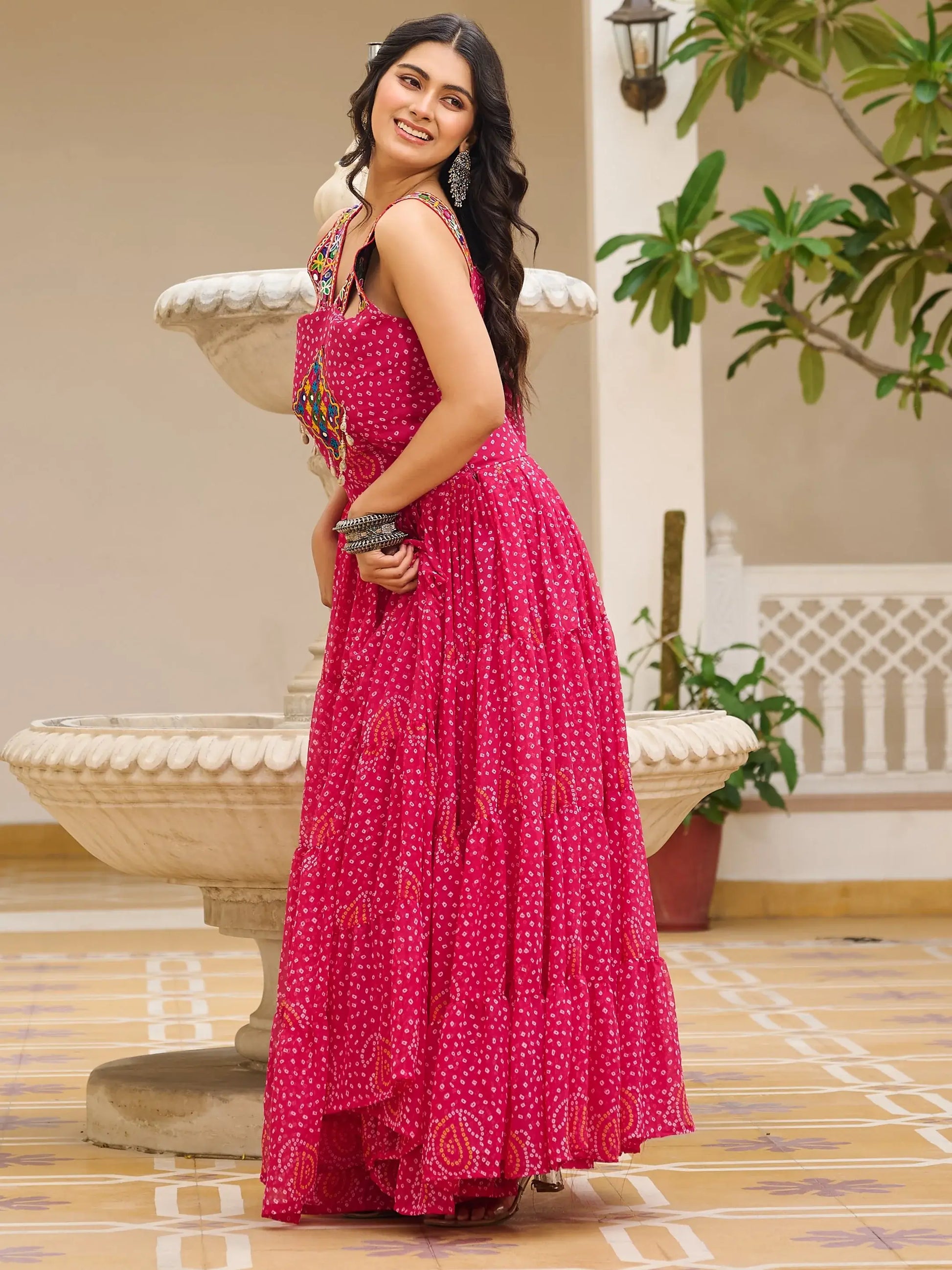 Pleasant Pink Bandhani Print Georgette Navratri Special Gown - Zeel Clothing