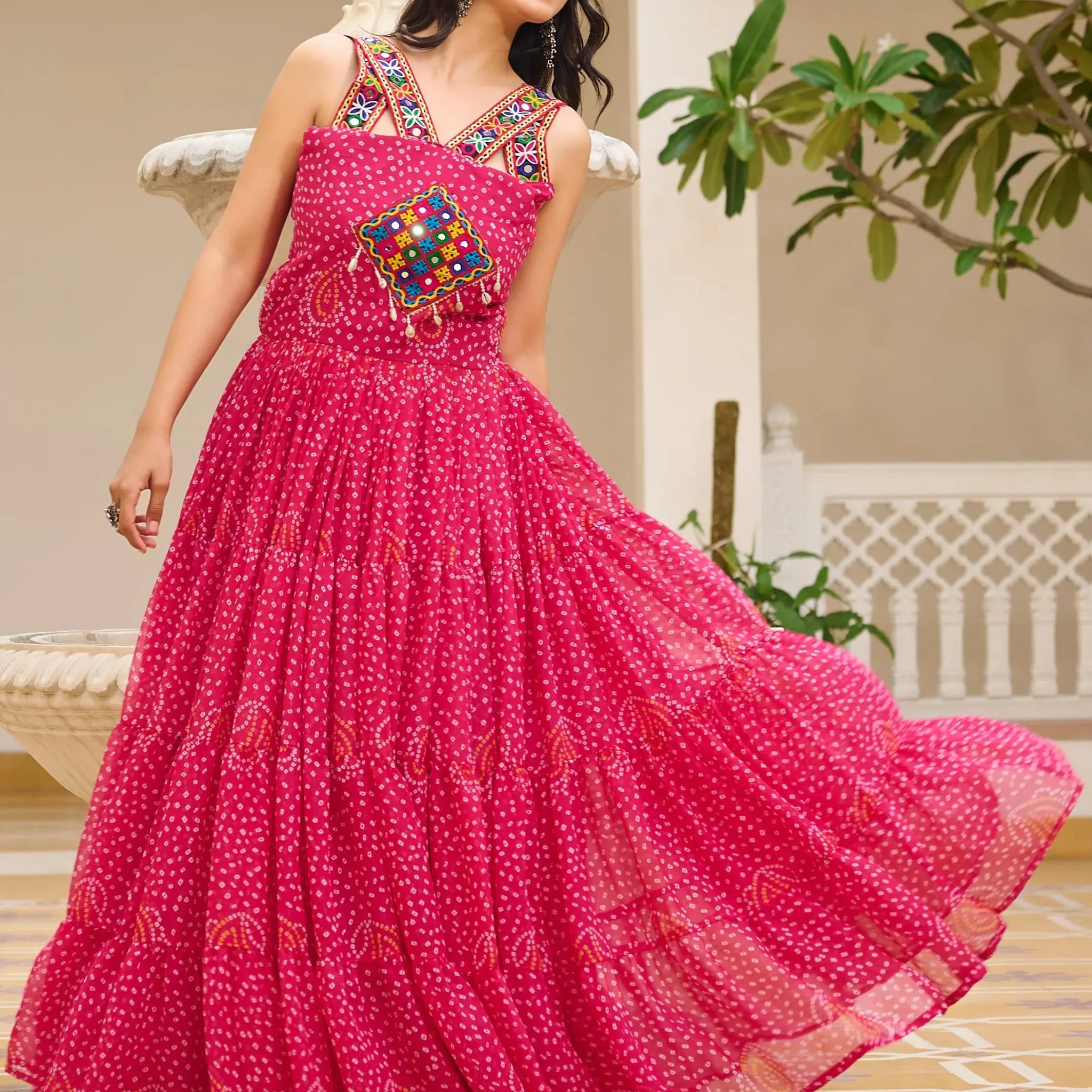 Pleasant Pink Bandhani Print Georgette Navratri Special Gown - Zeel Clothing