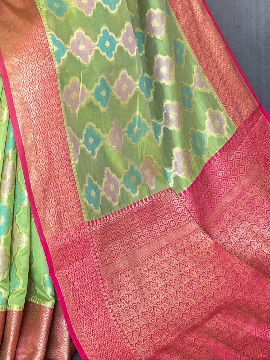 Pleasant Pista Green Woven Tissue Silk Traditional Saree With Blouse - Zeel Clothing