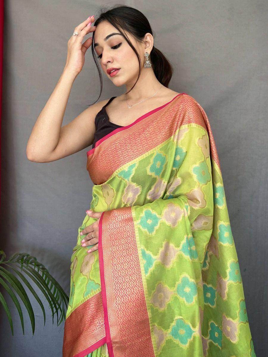 Pleasant Pista Green Woven Tissue Silk Traditional Saree With Blouse - Zeel Clothing