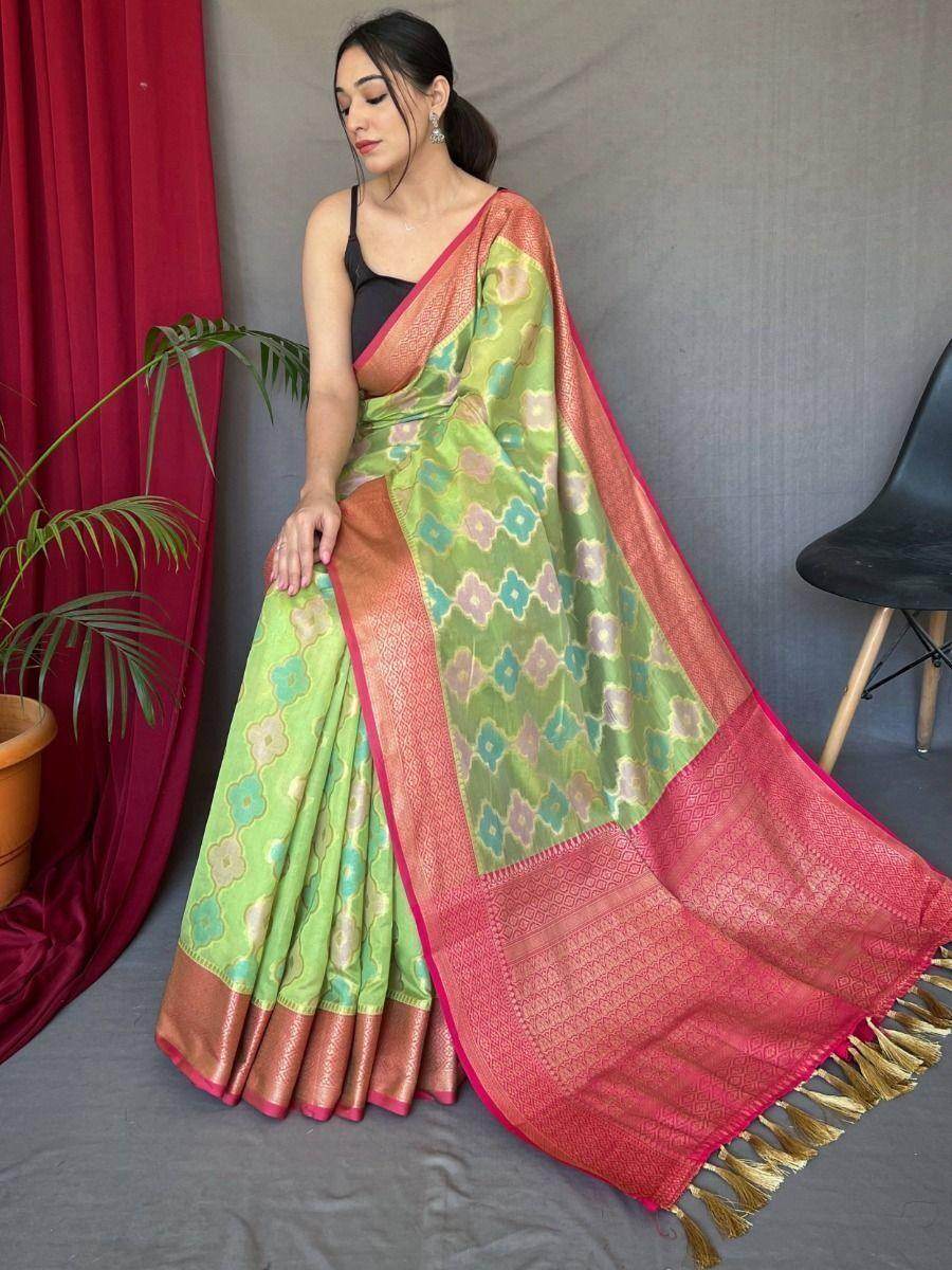 Pleasant Pista Green Woven Tissue Silk Traditional Saree With Blouse - Zeel Clothing