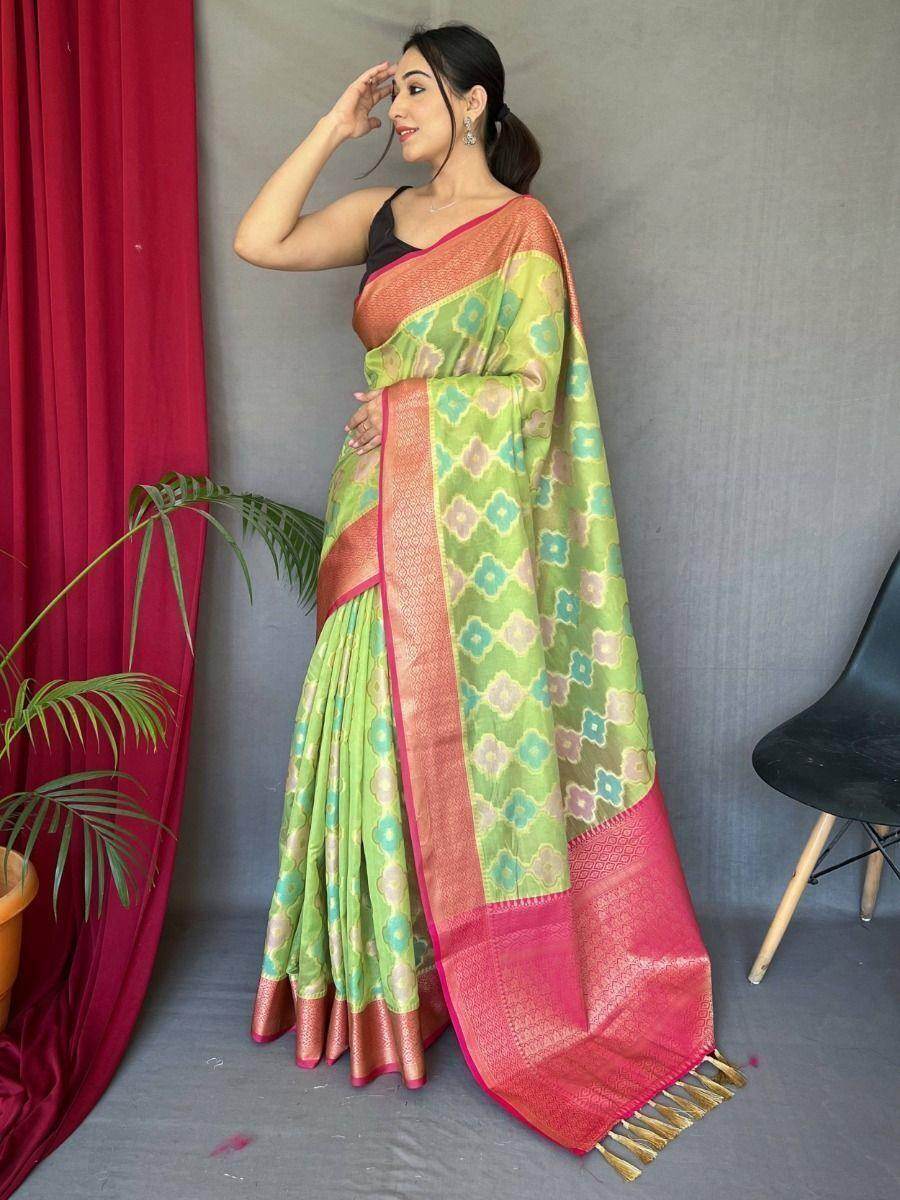 Pleasant Pista Green Woven Tissue Silk Traditional Saree With Blouse - Zeel Clothing