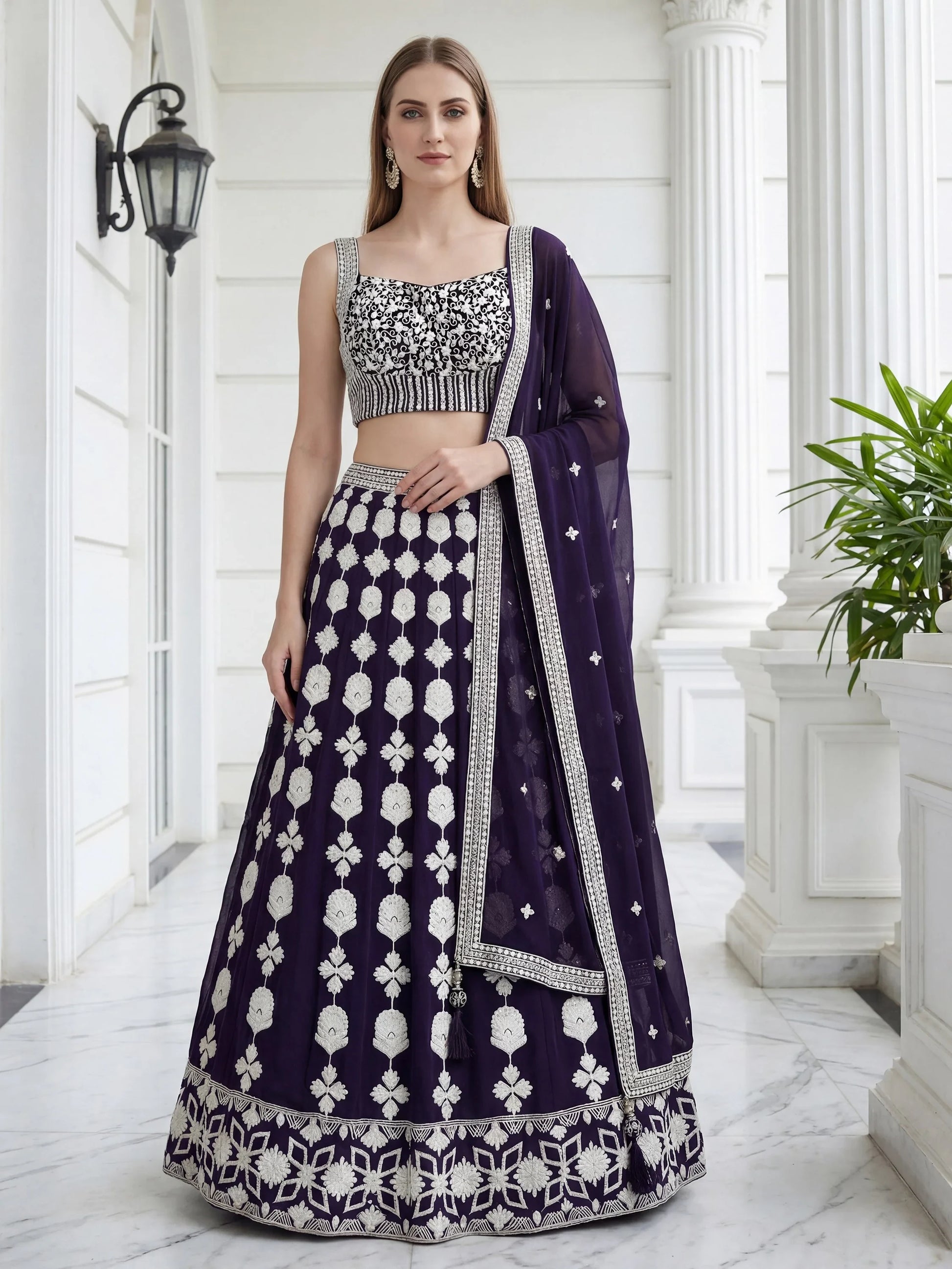 Pleasant Purple Sequin Georgette Wedding Wear Lehenga With Blouse