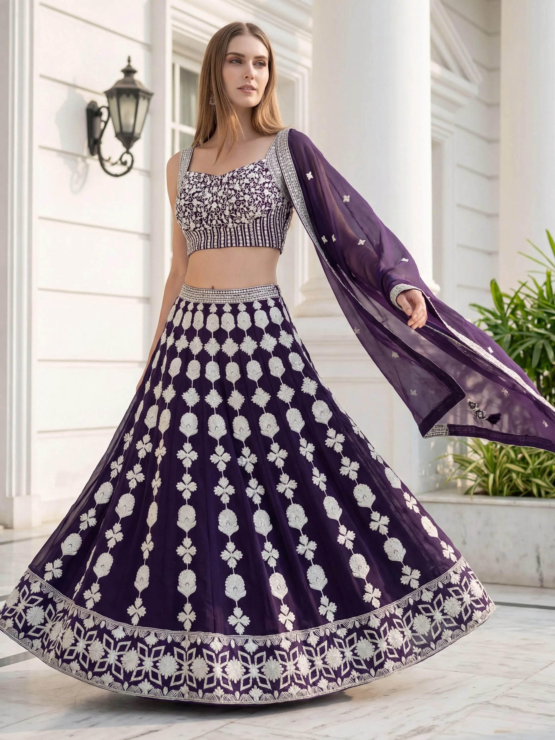 Pleasant Purple Sequin Georgette Wedding Wear Lehenga With Blouse