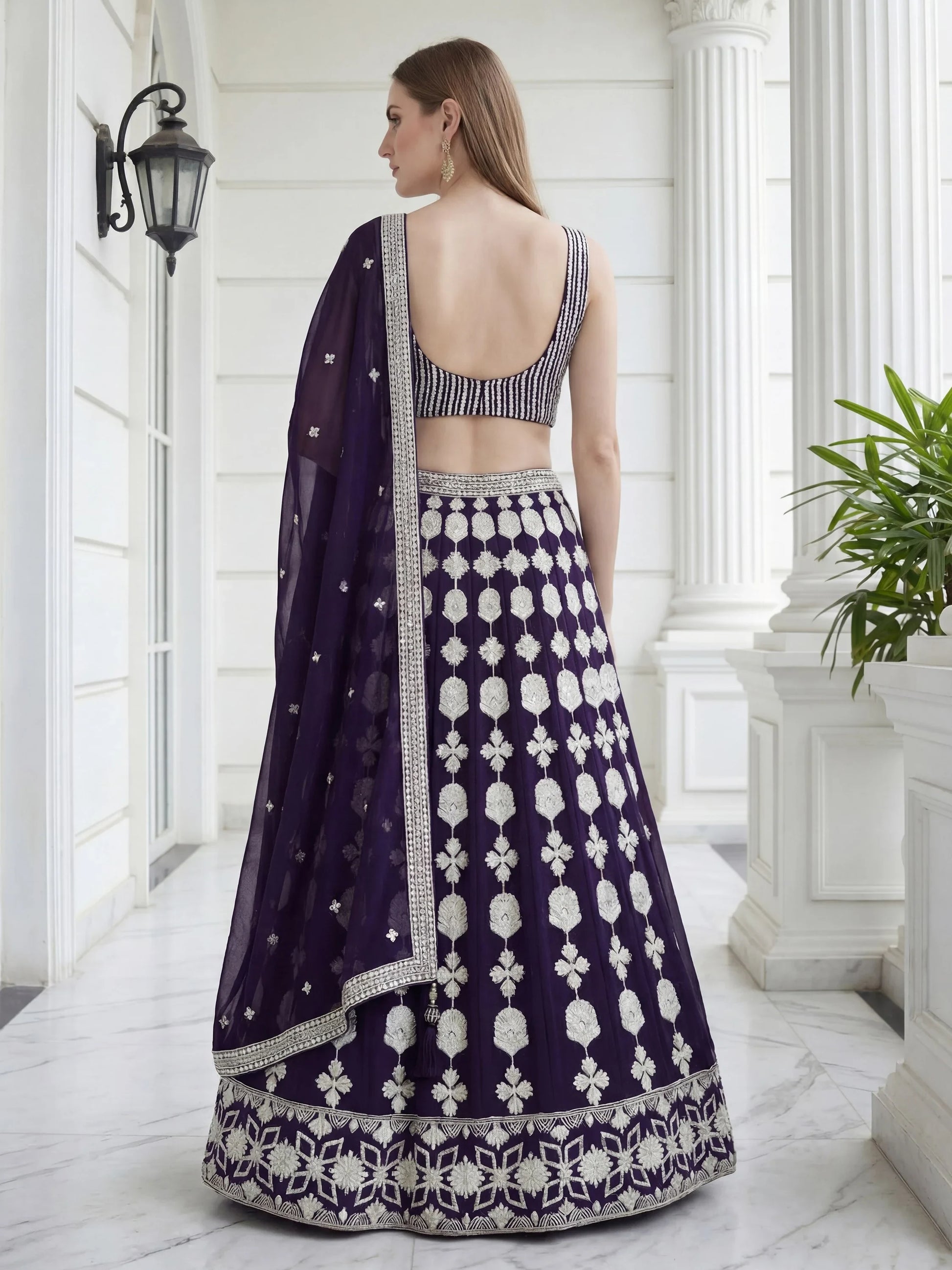 Pleasant Purple Sequin Georgette Wedding Wear Lehenga With Blouse