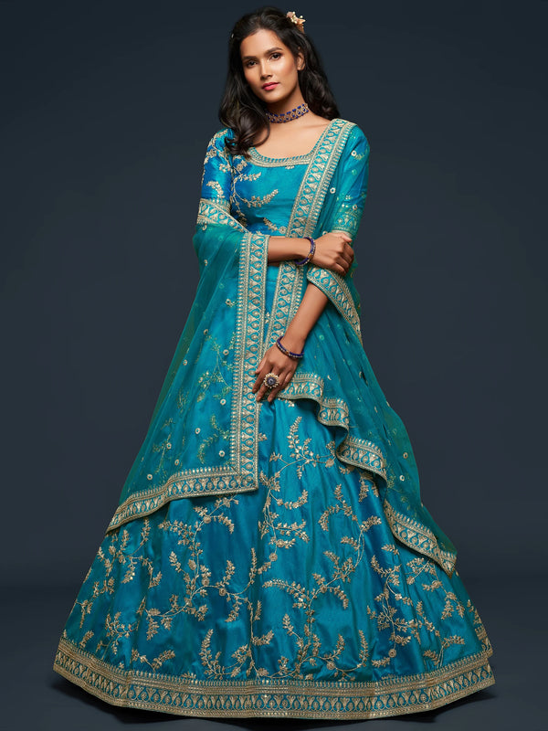 Pleasant Teal Blue Thread Embroidery Art Silk Wedding Lehenga Choli - Zeel Clothing