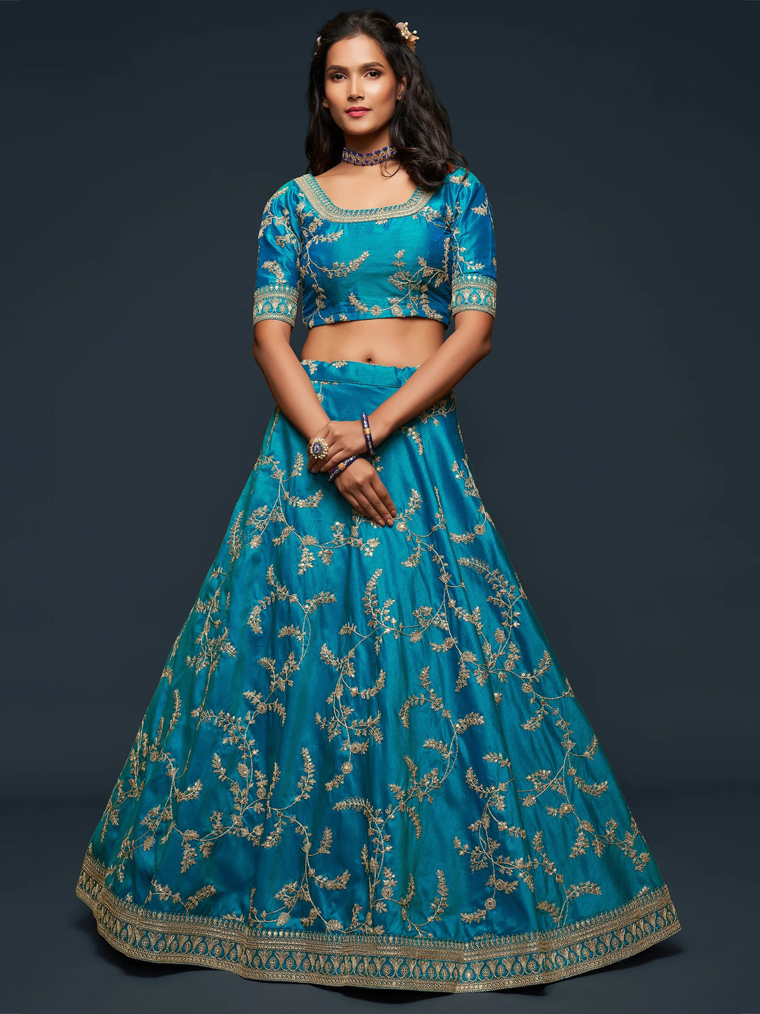 Pleasant Teal Blue Thread Embroidery Art Silk Wedding Lehenga Choli - Zeel Clothing