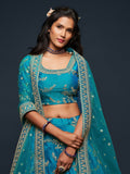 Pleasant Teal Blue Thread Embroidery Art Silk Wedding Lehenga Choli - Zeel Clothing