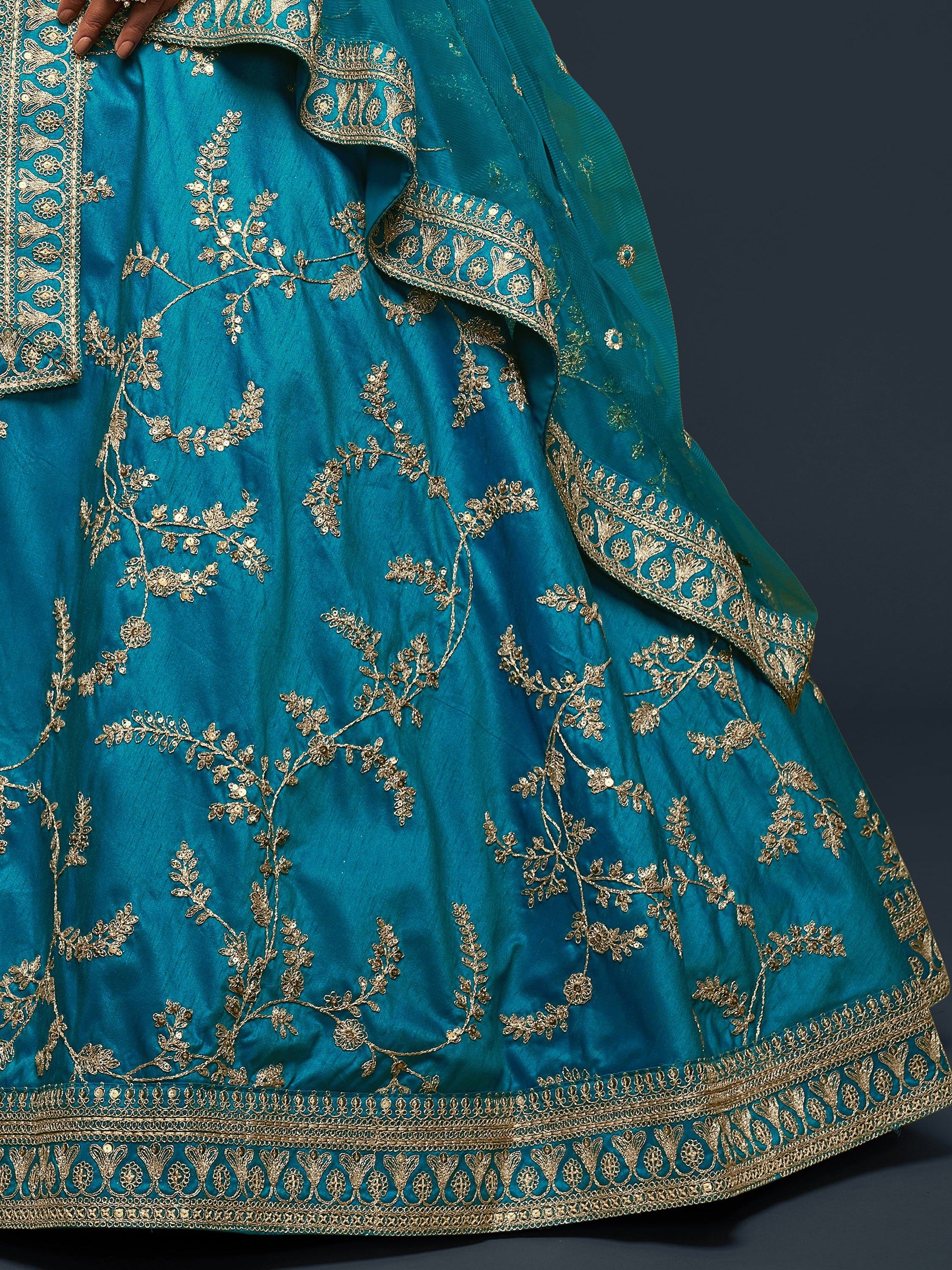 Pleasant Teal Blue Thread Embroidery Art Silk Wedding Lehenga Choli - Zeel Clothing
