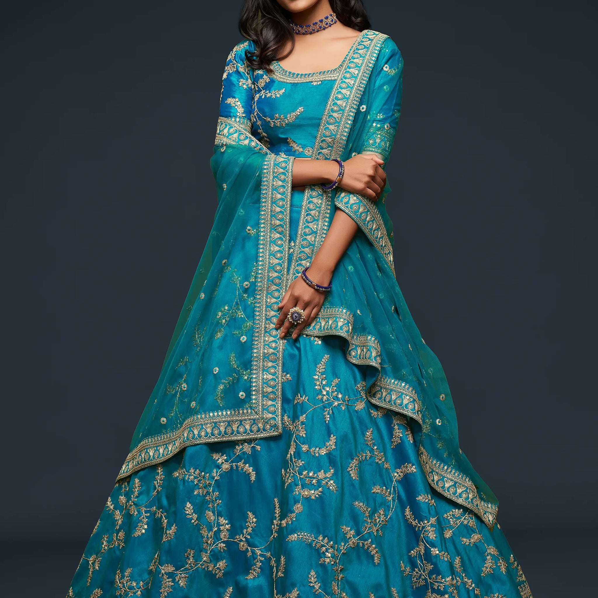 Pleasant Teal Blue Thread Embroidery Art Silk Wedding Lehenga Choli - Zeel Clothing