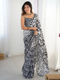 Pleasant White Digital Printed Chinon Party Wear Saree With Blouse - Zeel Clothing