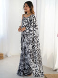 Pleasant White Digital Printed Chinon Party Wear Saree With Blouse - Zeel Clothing