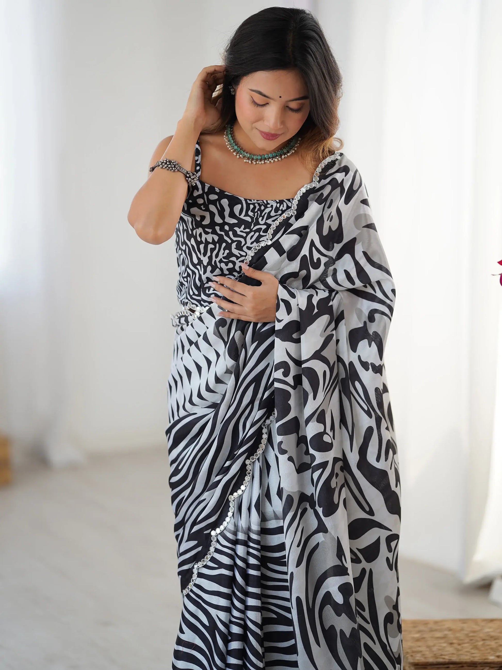 Pleasant White Digital Printed Chinon Party Wear Saree With Blouse - Zeel Clothing