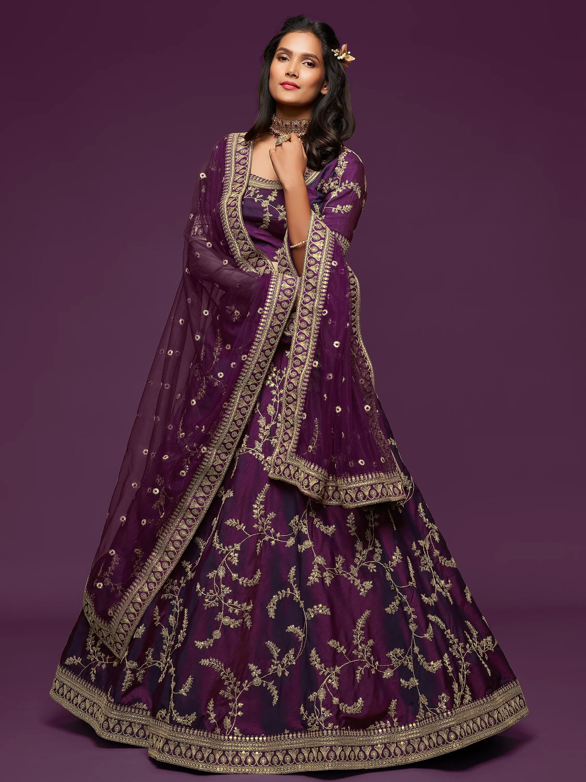 Pleasing Purple Thread Embroidery Art Silk Wedding Lehenga Choli - Zeel Clothing