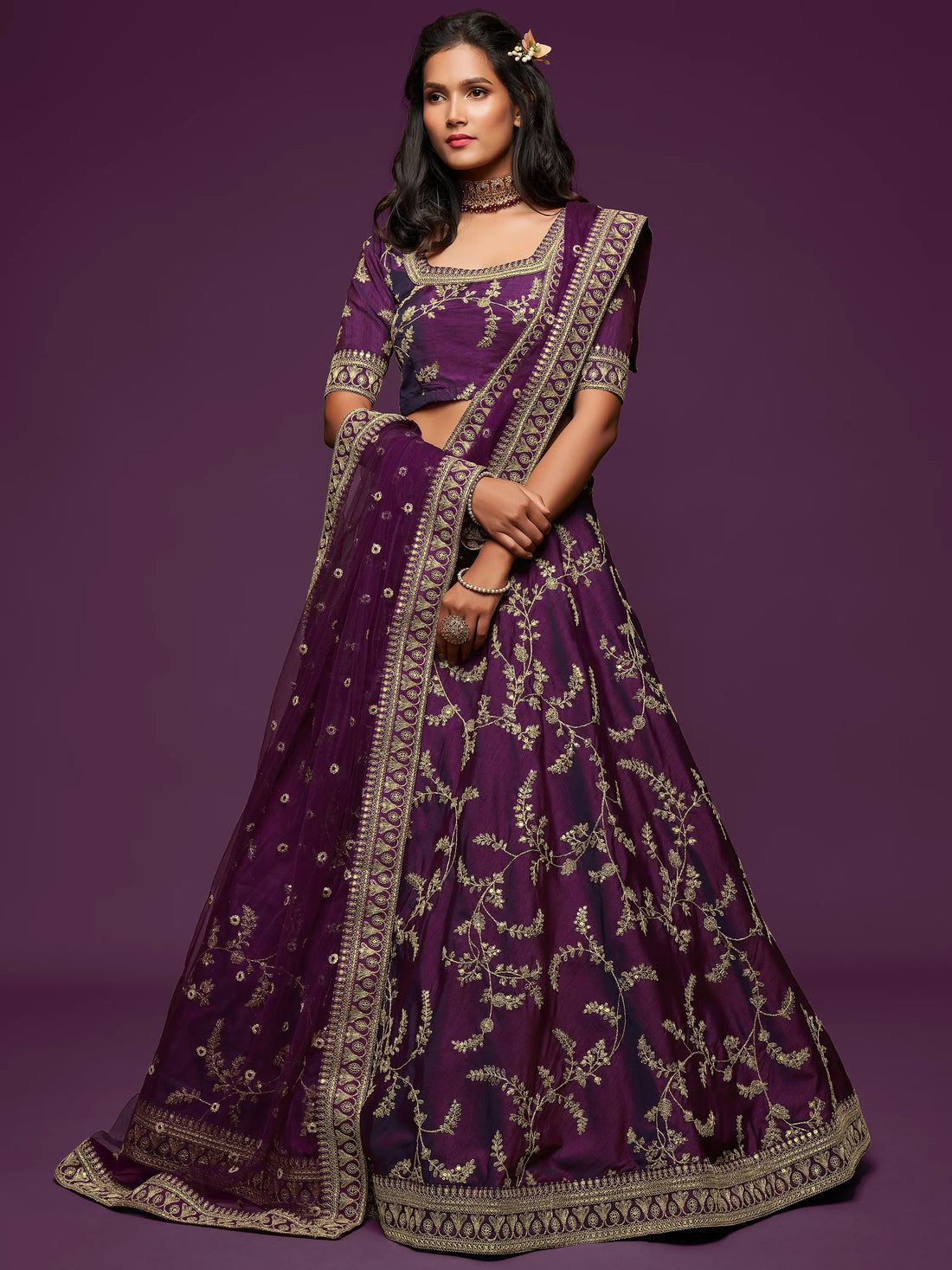 Pleasing Purple Thread Embroidery Art Silk Wedding Lehenga Choli - Zeel Clothing