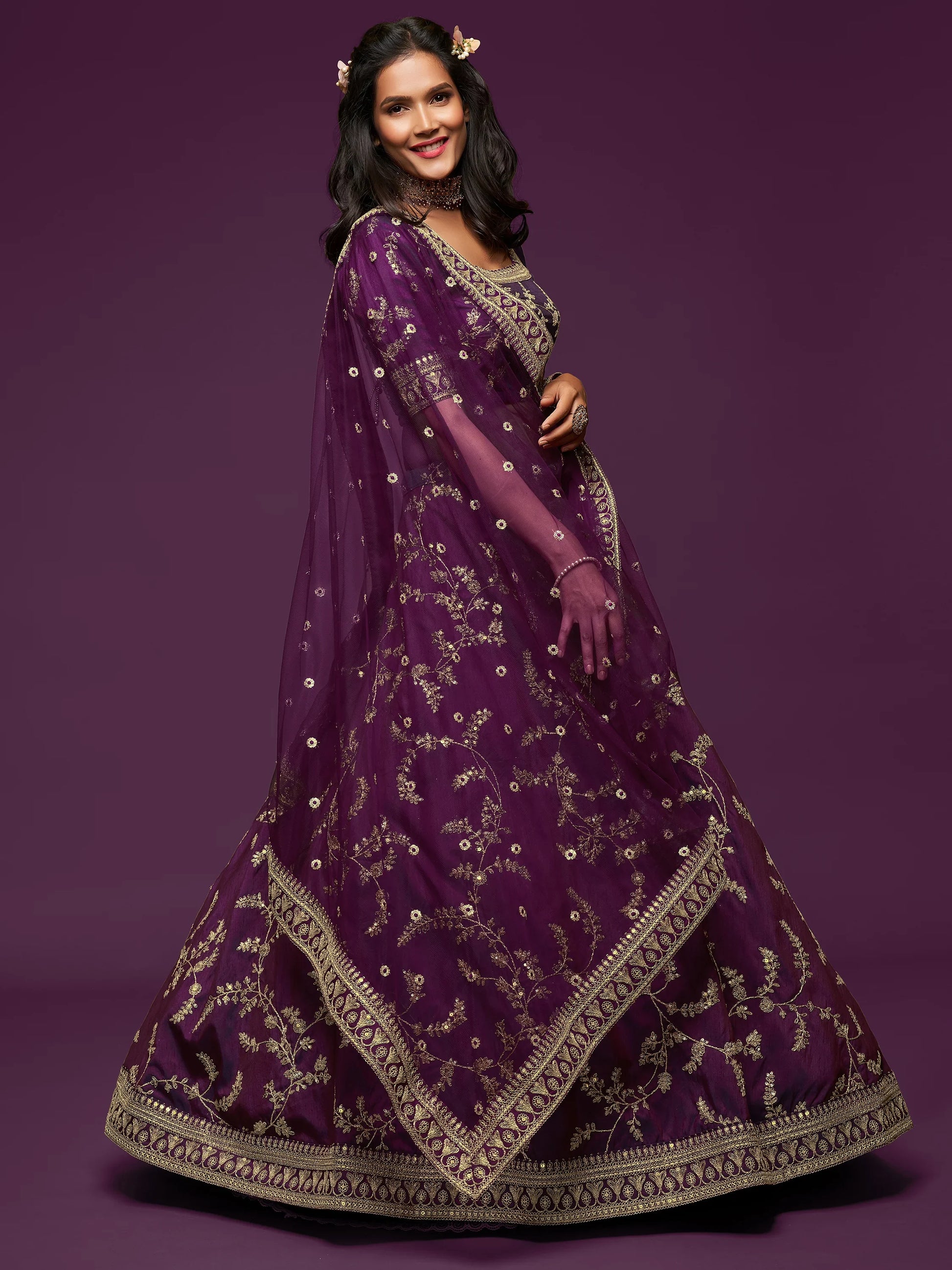 Pleasing Purple Thread Embroidery Art Silk Wedding Lehenga Choli - Zeel Clothing