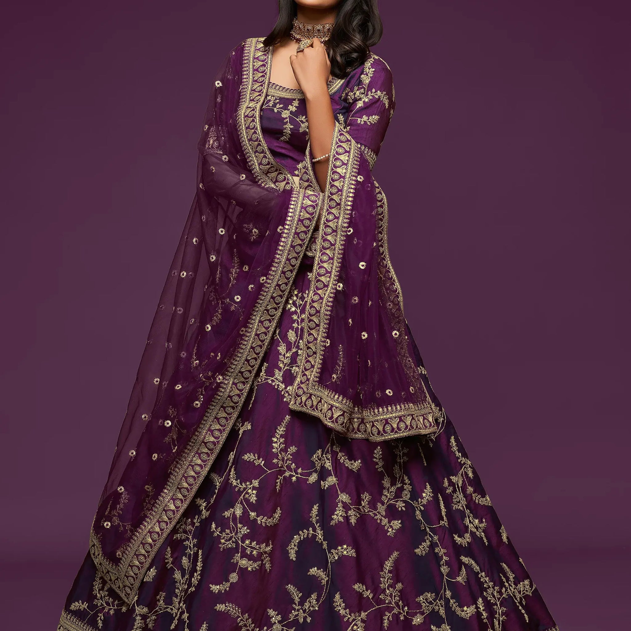 Pleasing Purple Thread Embroidery Art Silk Wedding Lehenga Choli - Zeel Clothing