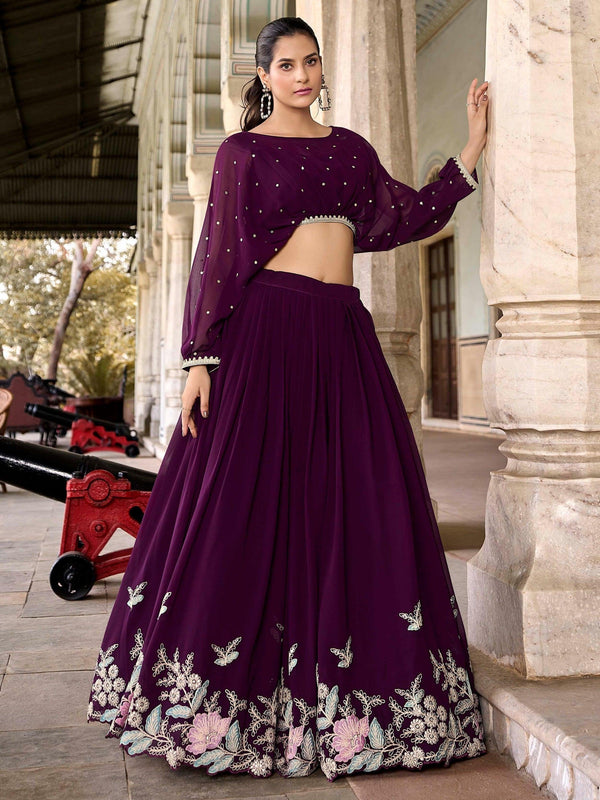 Pleasing Wine Embroidered Georgette Designer Crop Top Lehenga