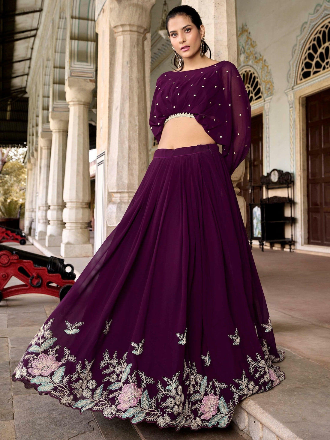 Pleasing Wine Embroidered Georgette Designer Crop Top Lehenga