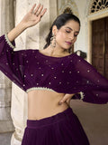 Pleasing Wine Embroidered Georgette Designer Crop Top Lehenga - Zeel Clothing