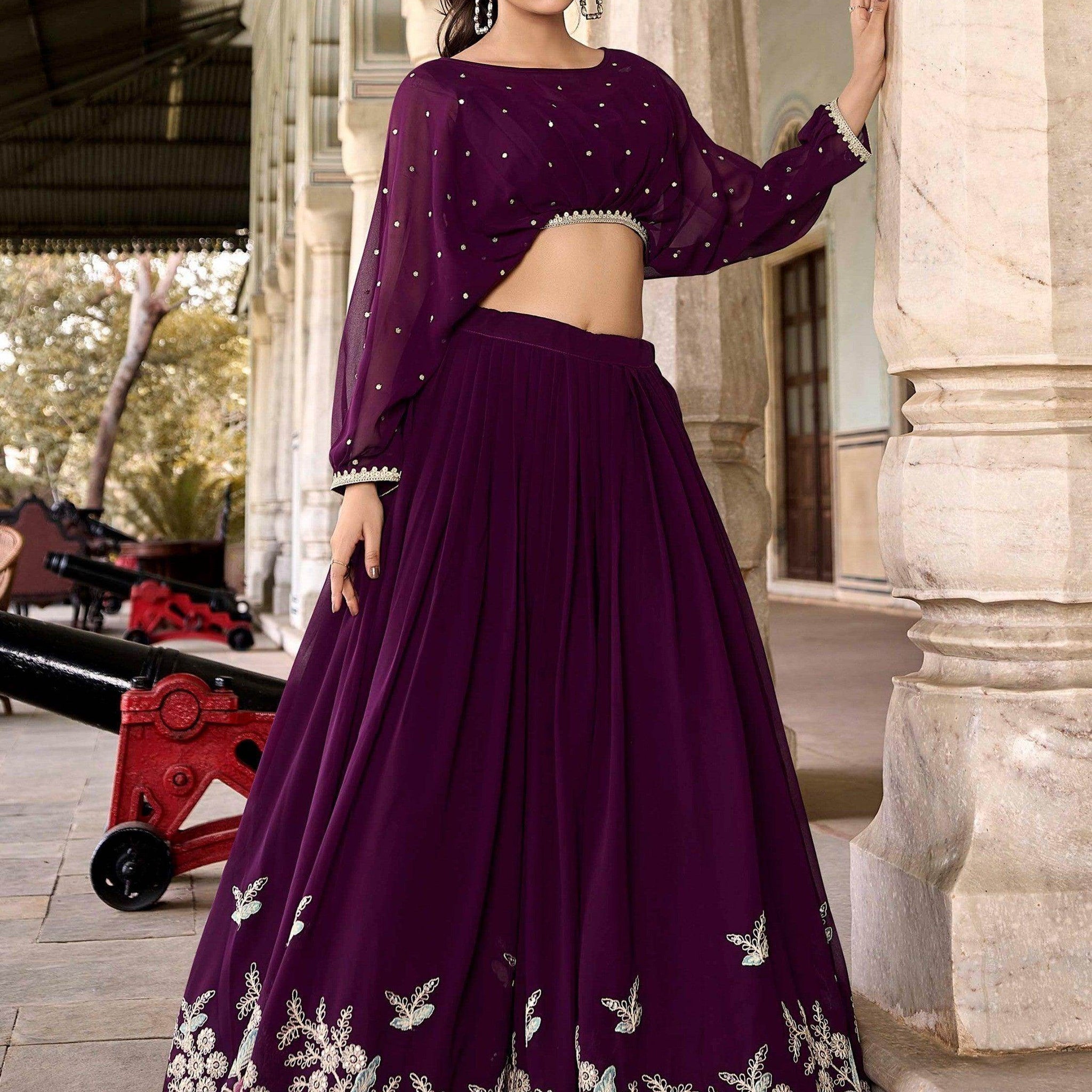 Pleasing Wine Embroidered Georgette Designer Crop Top Lehenga - Zeel Clothing