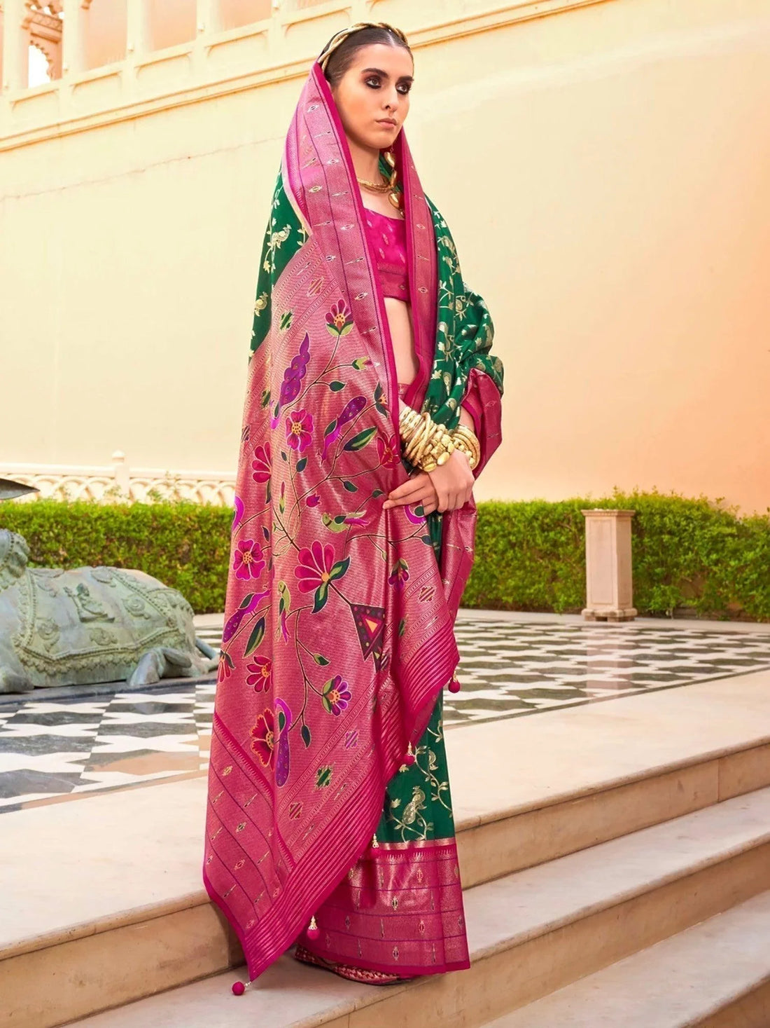 Pleasurable Green Zari Weaving Silk Function Wear Saree With Blouse