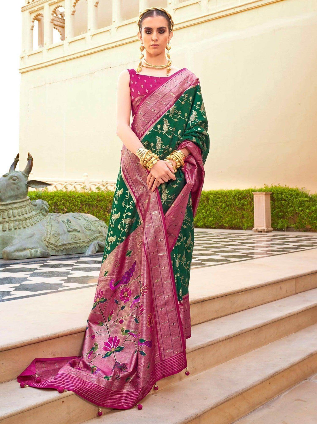 Pleasurable Green Zari Weaving Silk Function Wear Saree With Blouse - Zeel Clothing