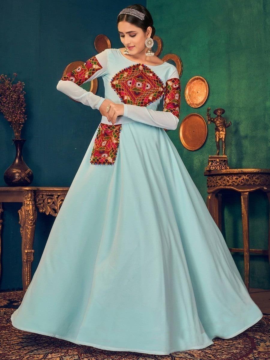 Pleasurable Sky Blue Mirror And Pearl Work Georgette Festive Wear Gown