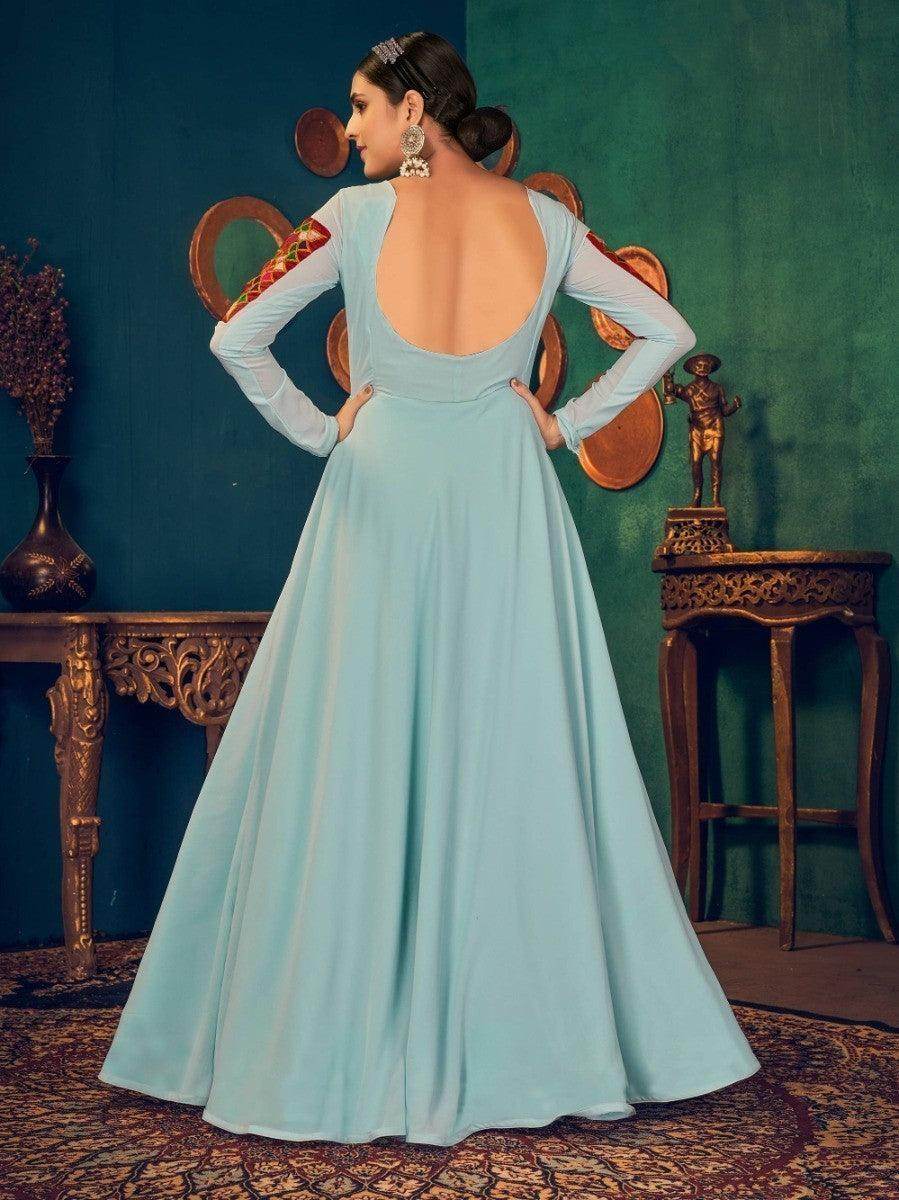 Pleasurable Sky Blue Mirror And Pearl Work Georgette Festive Wear Gown - Zeel Clothing