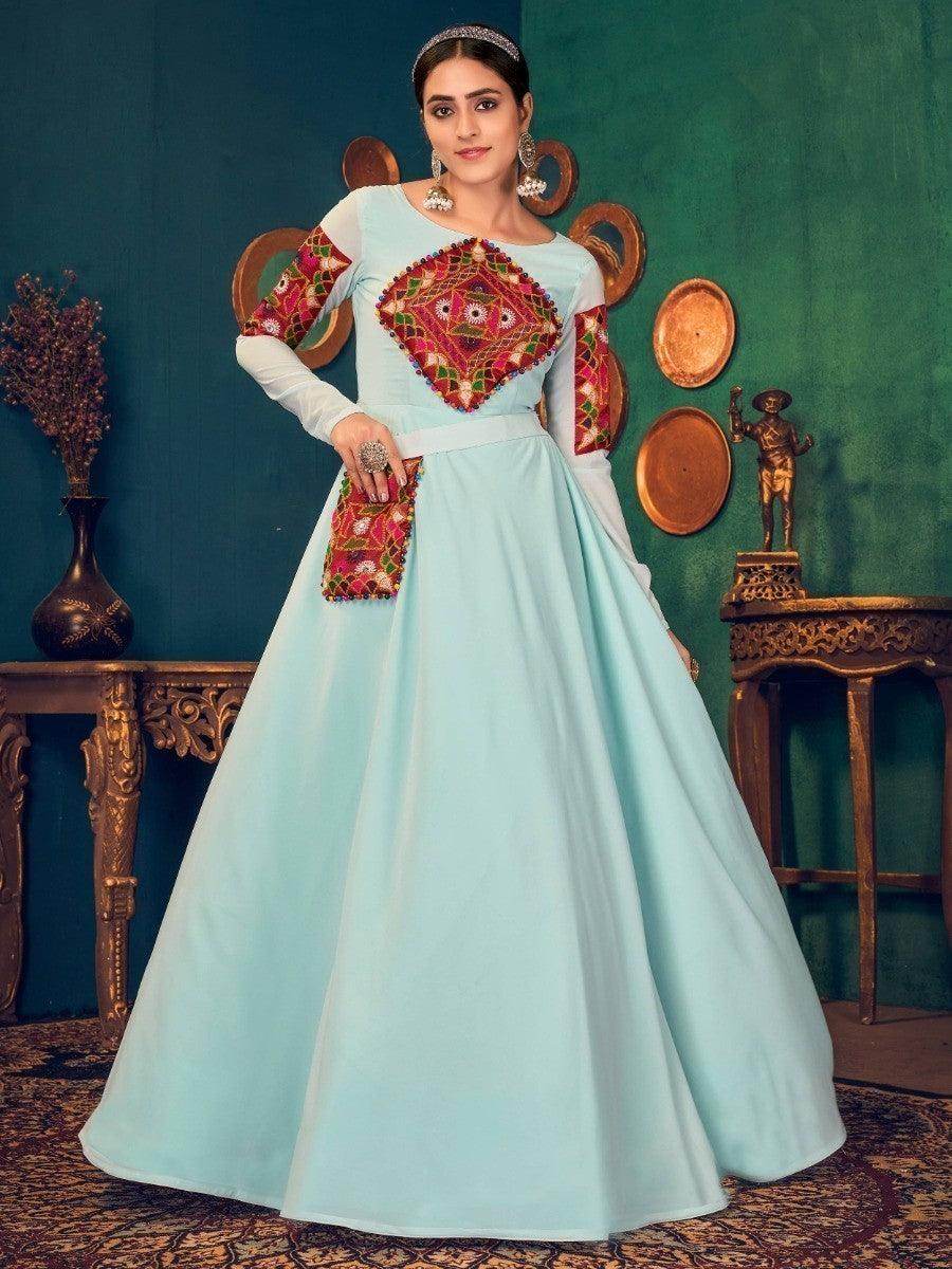 Pleasurable Sky Blue Mirror And Pearl Work Georgette Festive Wear Gown - Zeel Clothing
