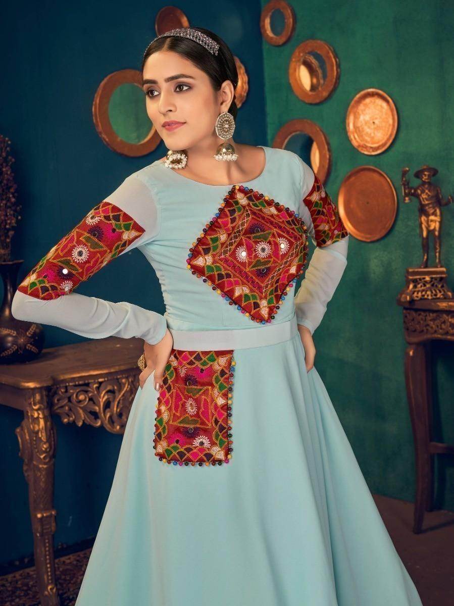 Pleasurable Sky Blue Mirror And Pearl Work Georgette Festive Wear Gown - Zeel Clothing
