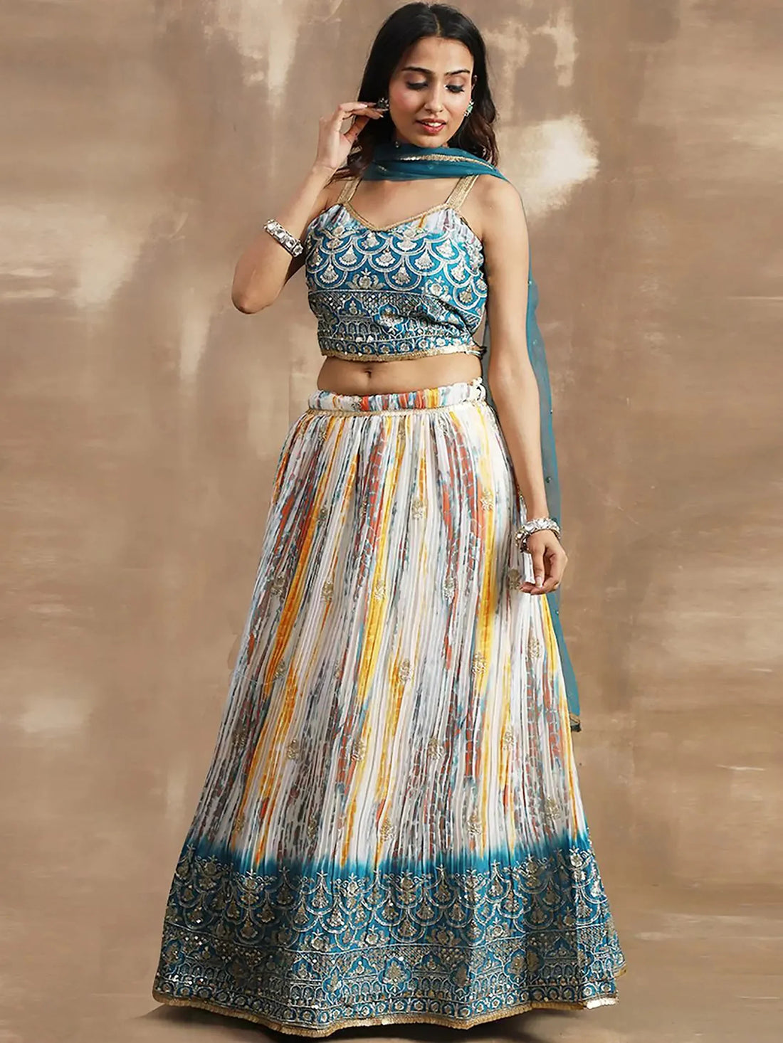 Pleasurable White & Blue Sequins Chinon Festive Wear Lehenga Choli - Zeel Clothing