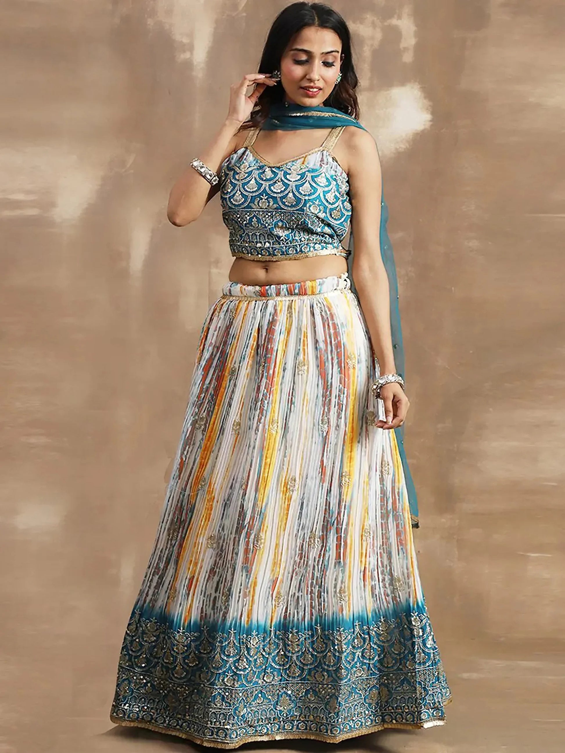 Pleasurable White & Blue Sequins Chinon Festive Wear Lehenga Choli - Zeel Clothing