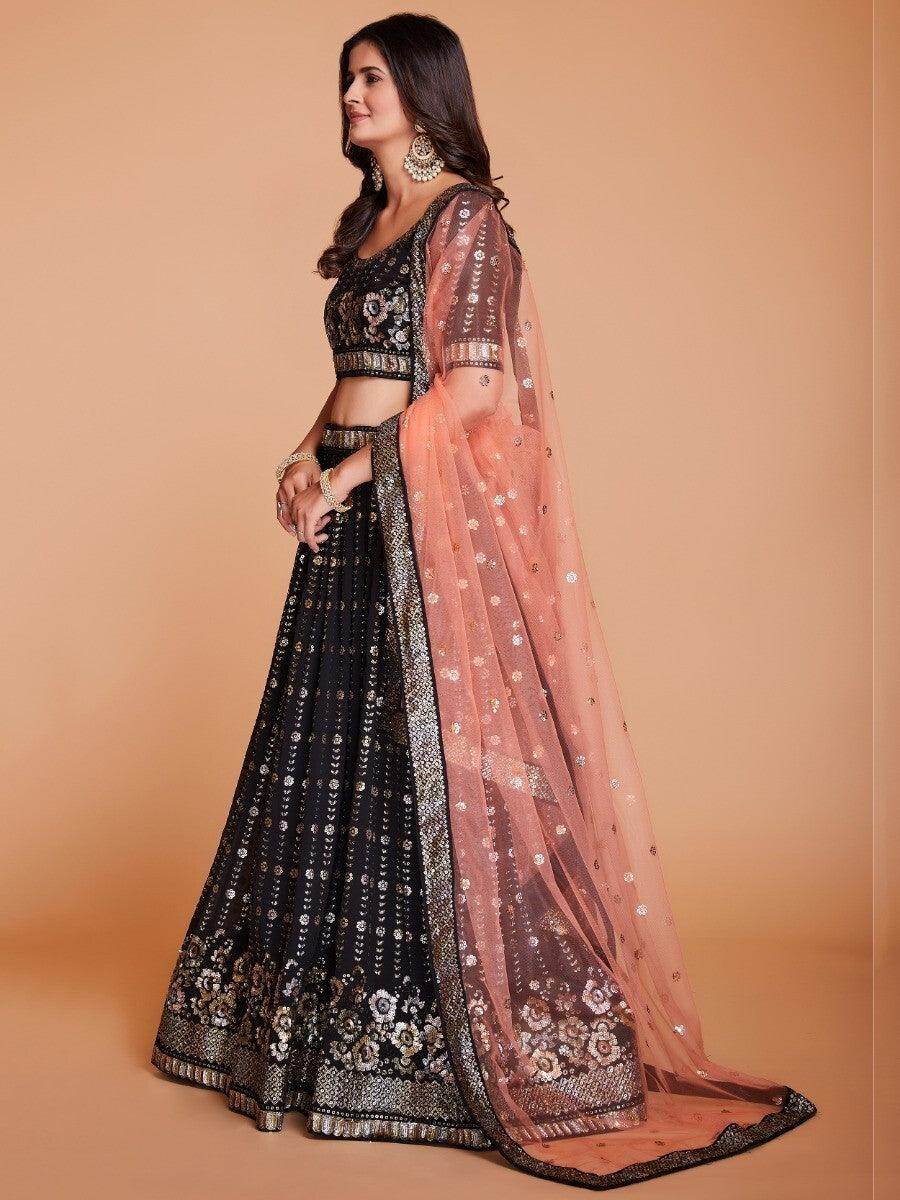 Plushy Brown Sequins Georgette Engagement Wear Lehenga Choli - Zeel Clothing