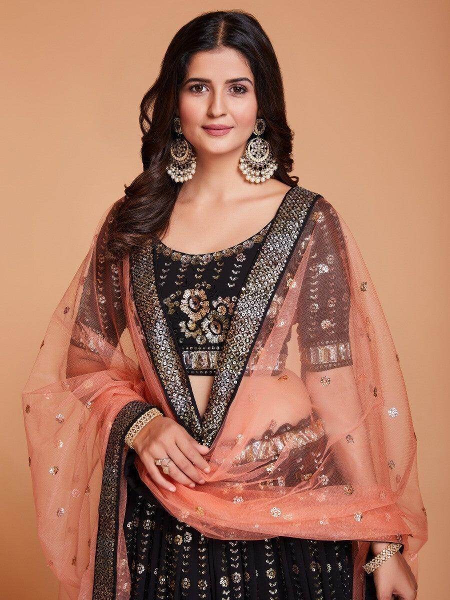 Plushy Brown Sequins Georgette Engagement Wear Lehenga Choli - Zeel Clothing
