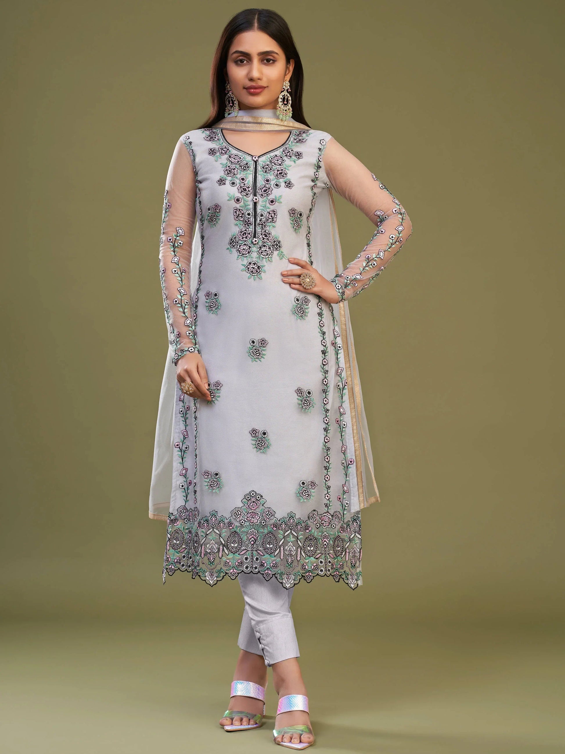 Plushy Lavender Net Embroidered Party Wear Salwar Suit With Dupatta - Zeel Clothing