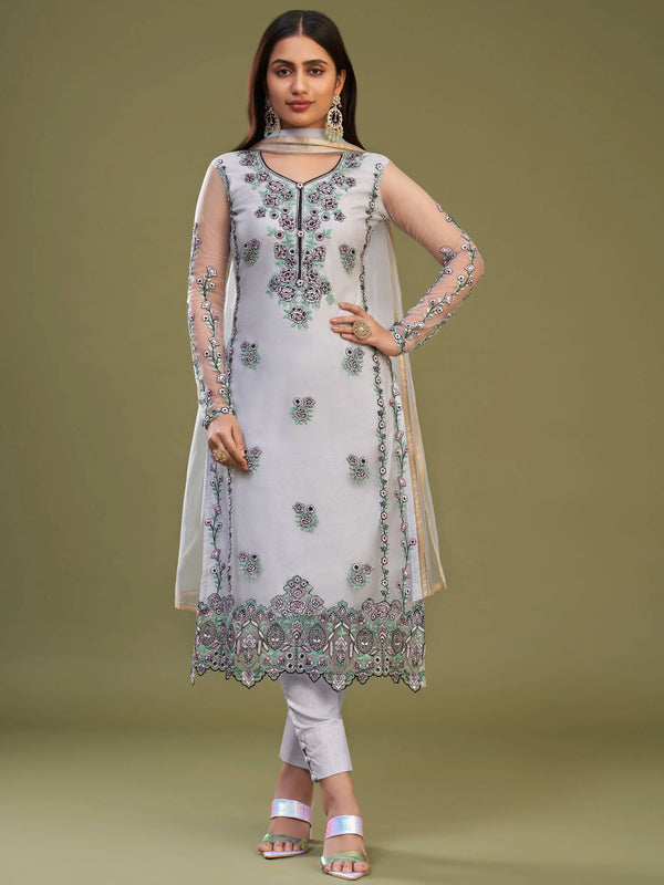 Plushy Lavender Net Embroidered Party Wear Salwar Suit With Dupatta - Zeel Clothing