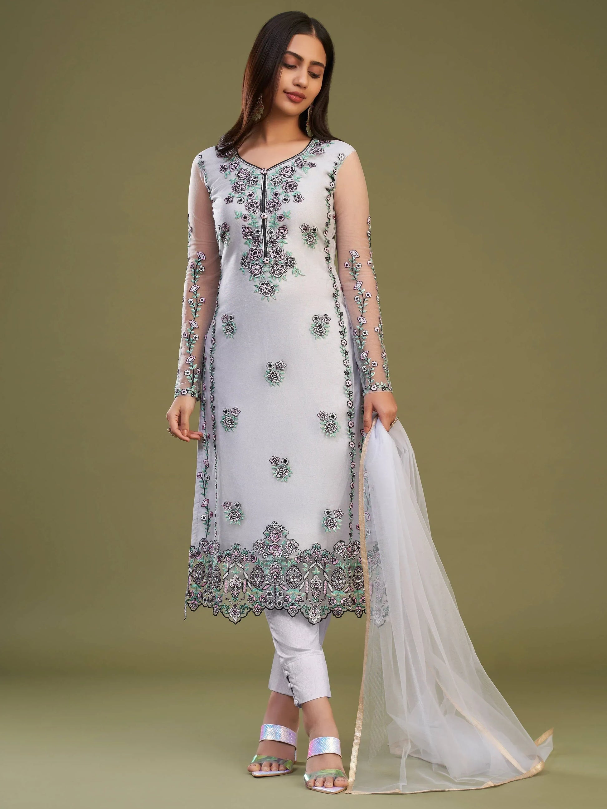 Plushy Lavender Net Embroidered Party Wear Salwar Suit With Dupatta - Zeel Clothing