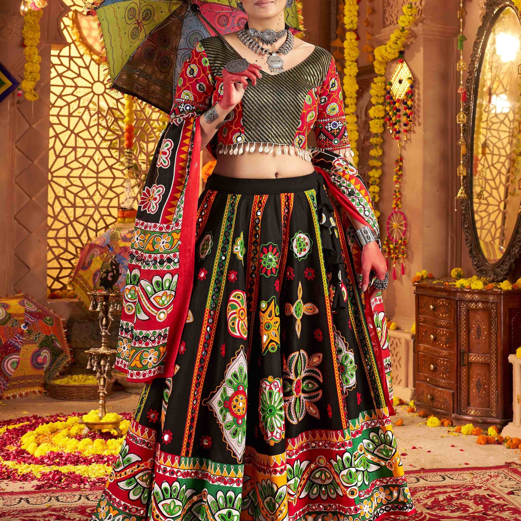 Precious Black Digital Printed Cotton Navratri Wear Lehenga Choli With Dupatta - Zeel Clothing