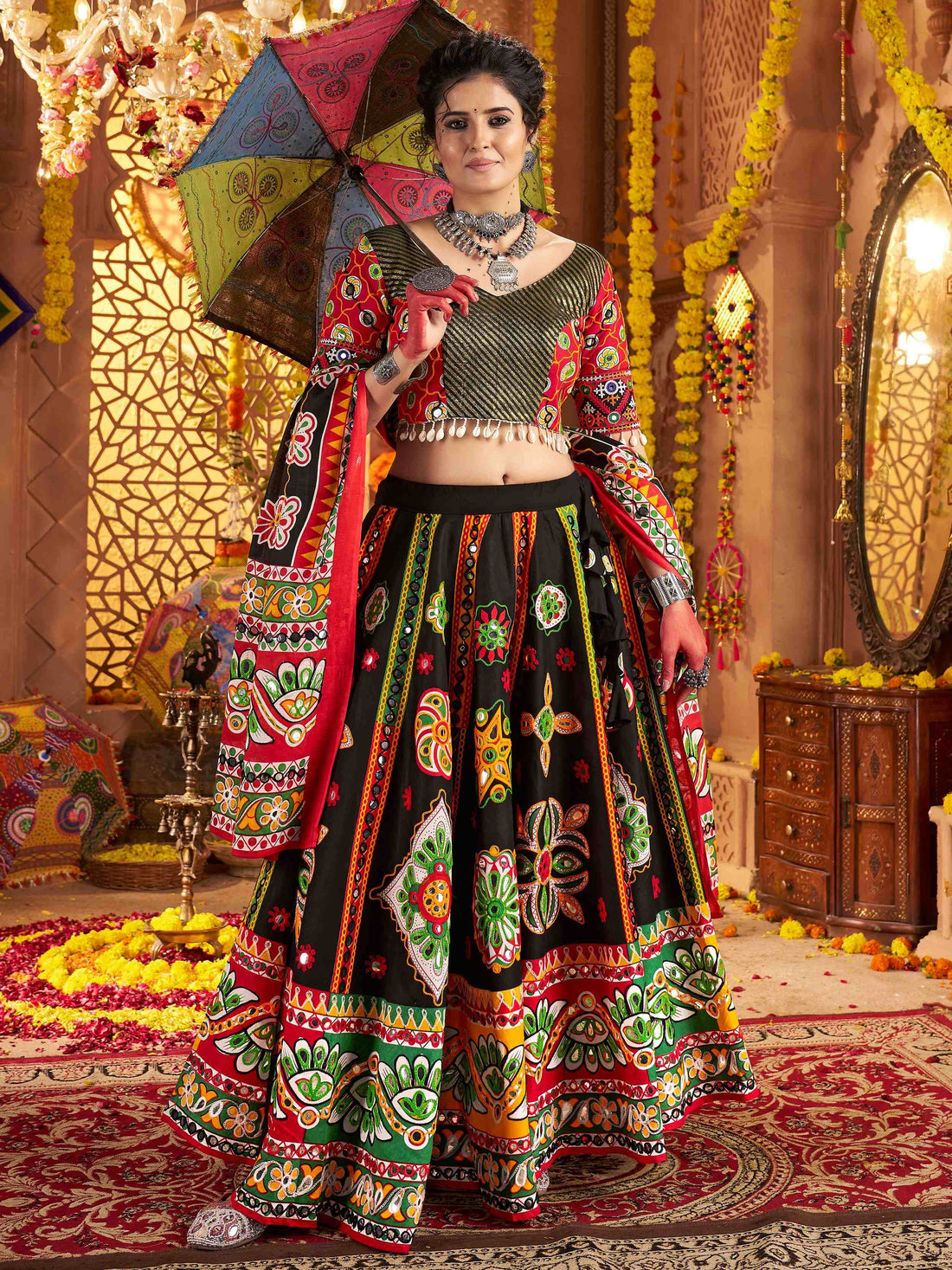 Precious Black Digital Printed Cotton Navratri Wear Lehenga Choli With Dupatta - Zeel Clothing