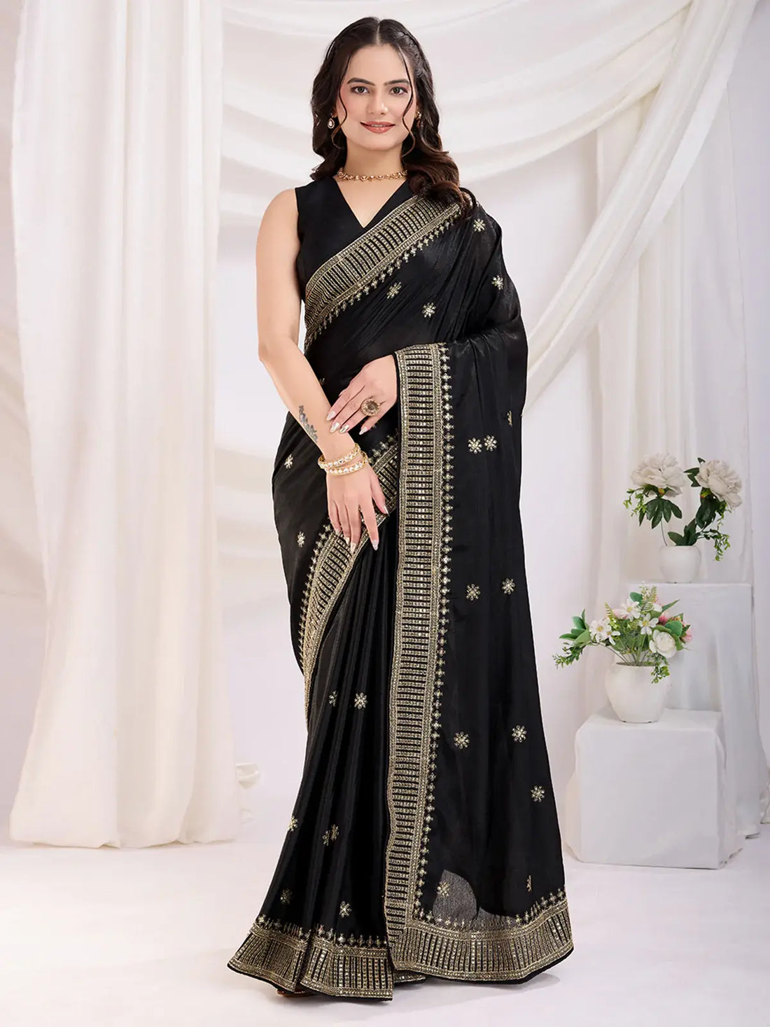 Precious Black Heavy Zari Border Work Chinon Silk Party Wear Saree - Zeel Clothing
