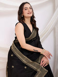 Precious Black Heavy Zari Border Work Chinon Silk Party Wear Saree - Zeel Clothing