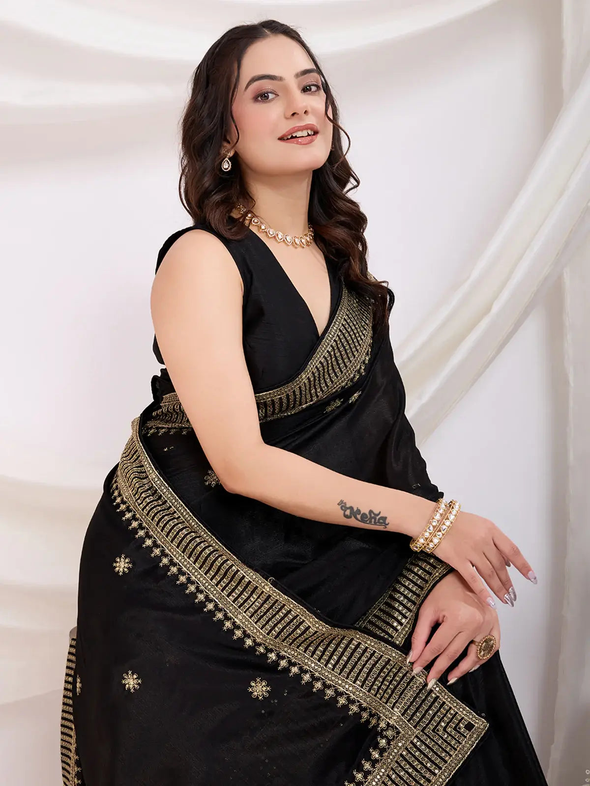 Precious Black Heavy Zari Border Work Chinon Silk Party Wear Saree - Zeel Clothing