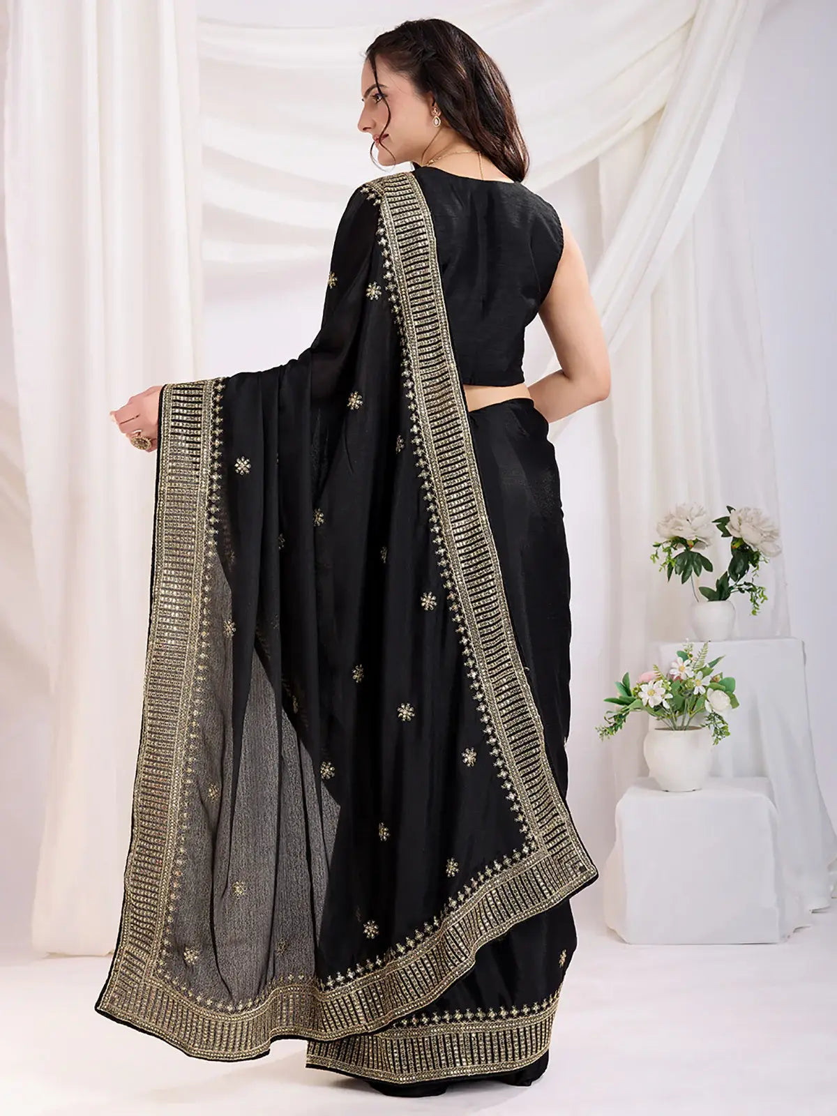 Precious Black Heavy Zari Border Work Chinon Silk Party Wear Saree - Zeel Clothing