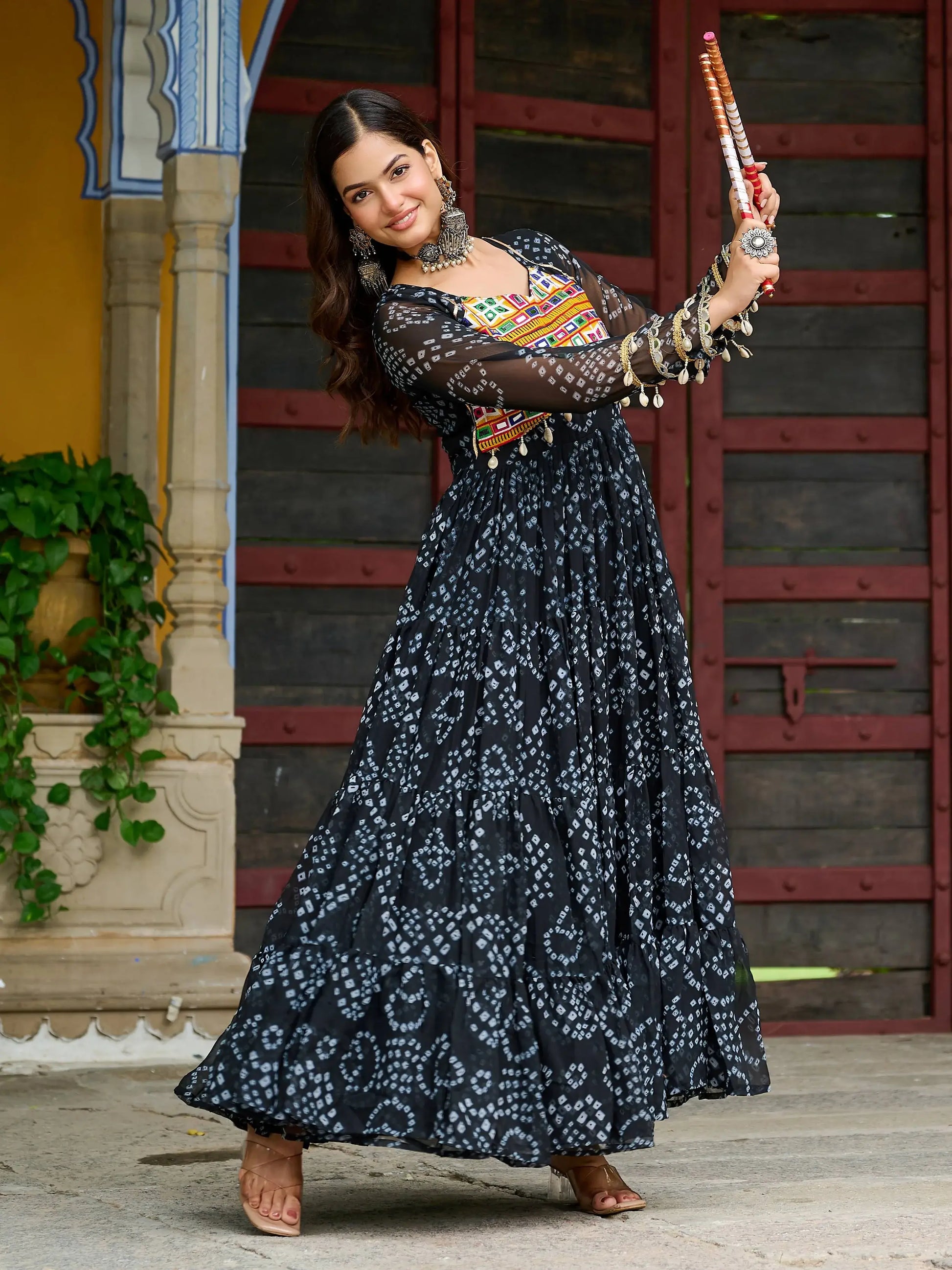 Precious Black Kutchi Patch Work Georgette Navratri Special Gown - Zeel Clothing