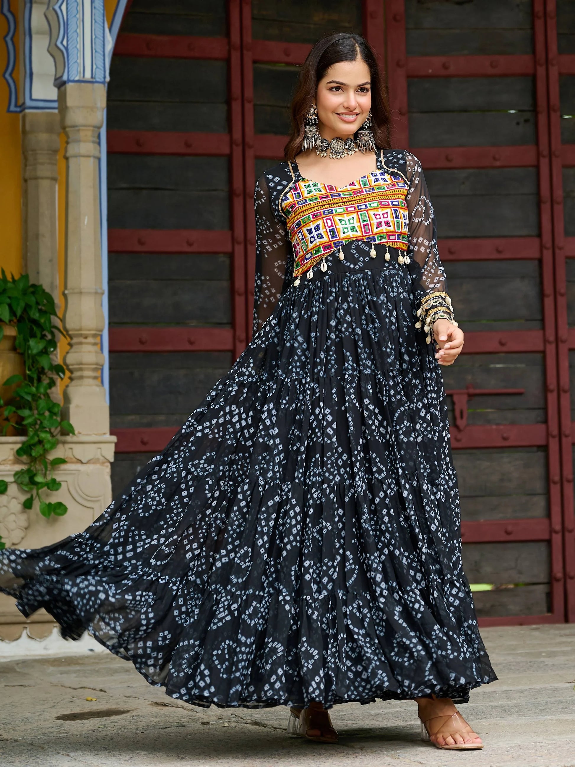 Precious Black Kutchi Patch Work Georgette Navratri Special Gown - Zeel Clothing