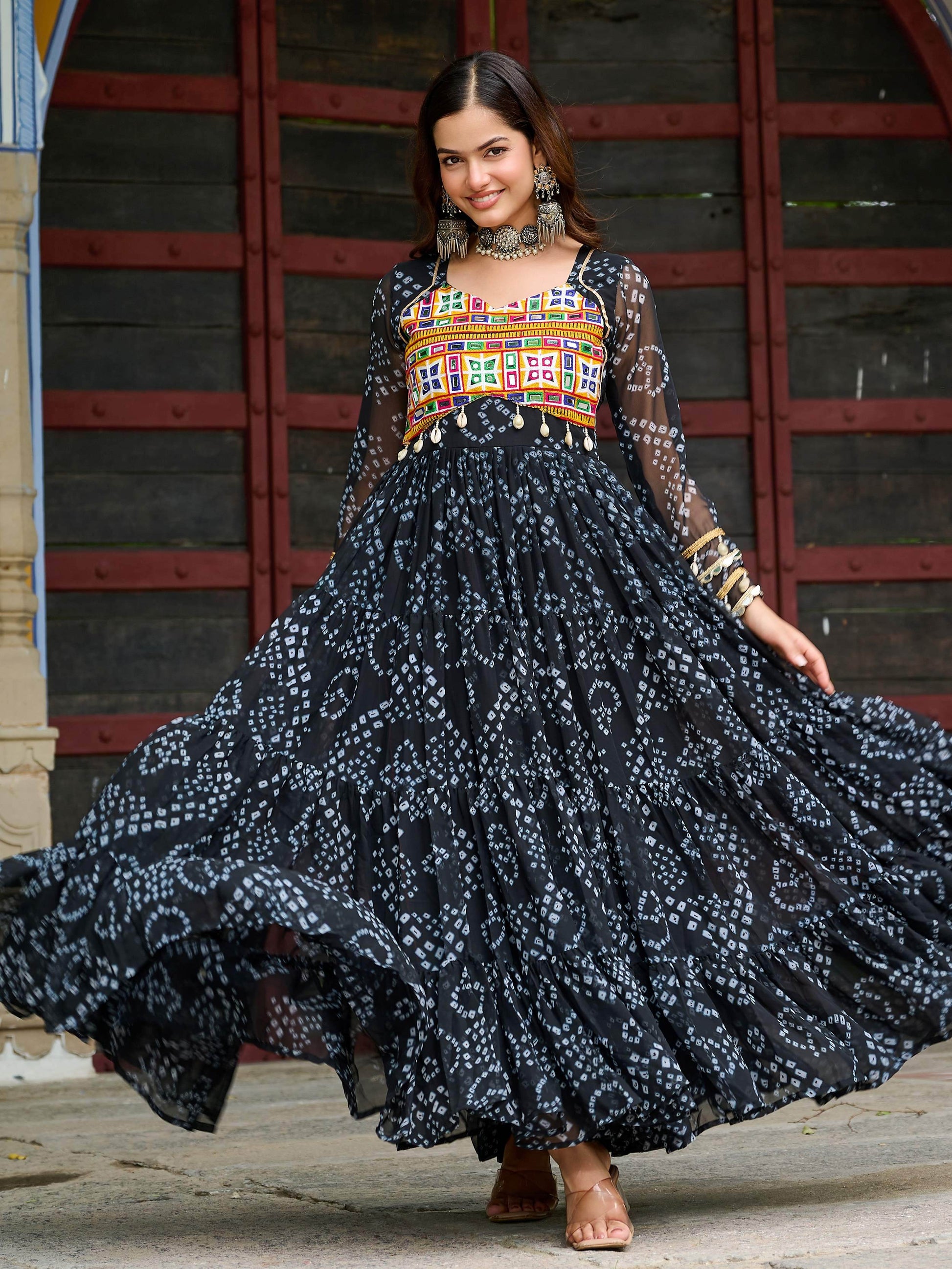 Precious Black Kutchi Patch Work Georgette Navratri Special Gown - Zeel Clothing